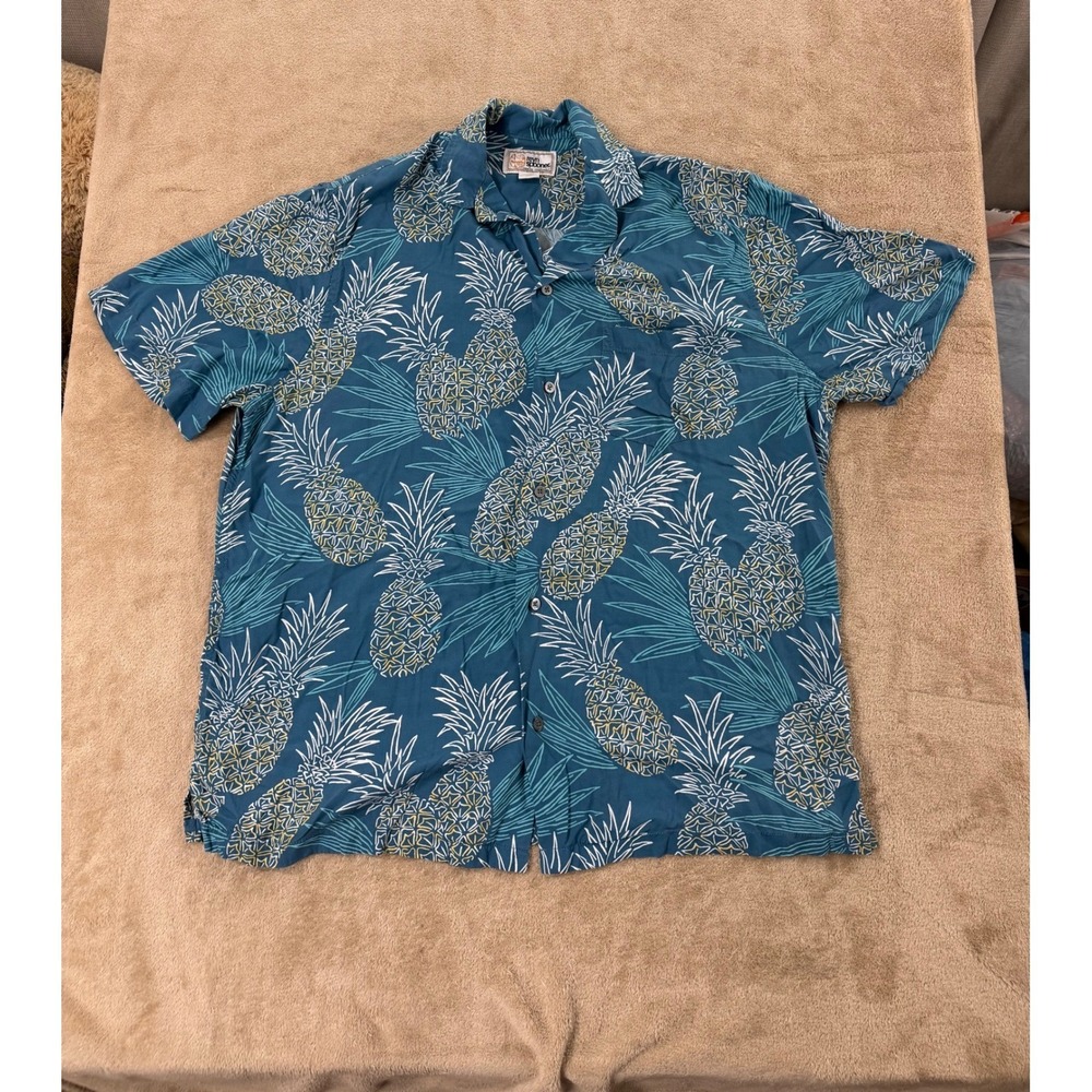 Vintage Reyn Spooner Hawaiian Traditions Shirt Men L Pineapple Blue Rayon EUC